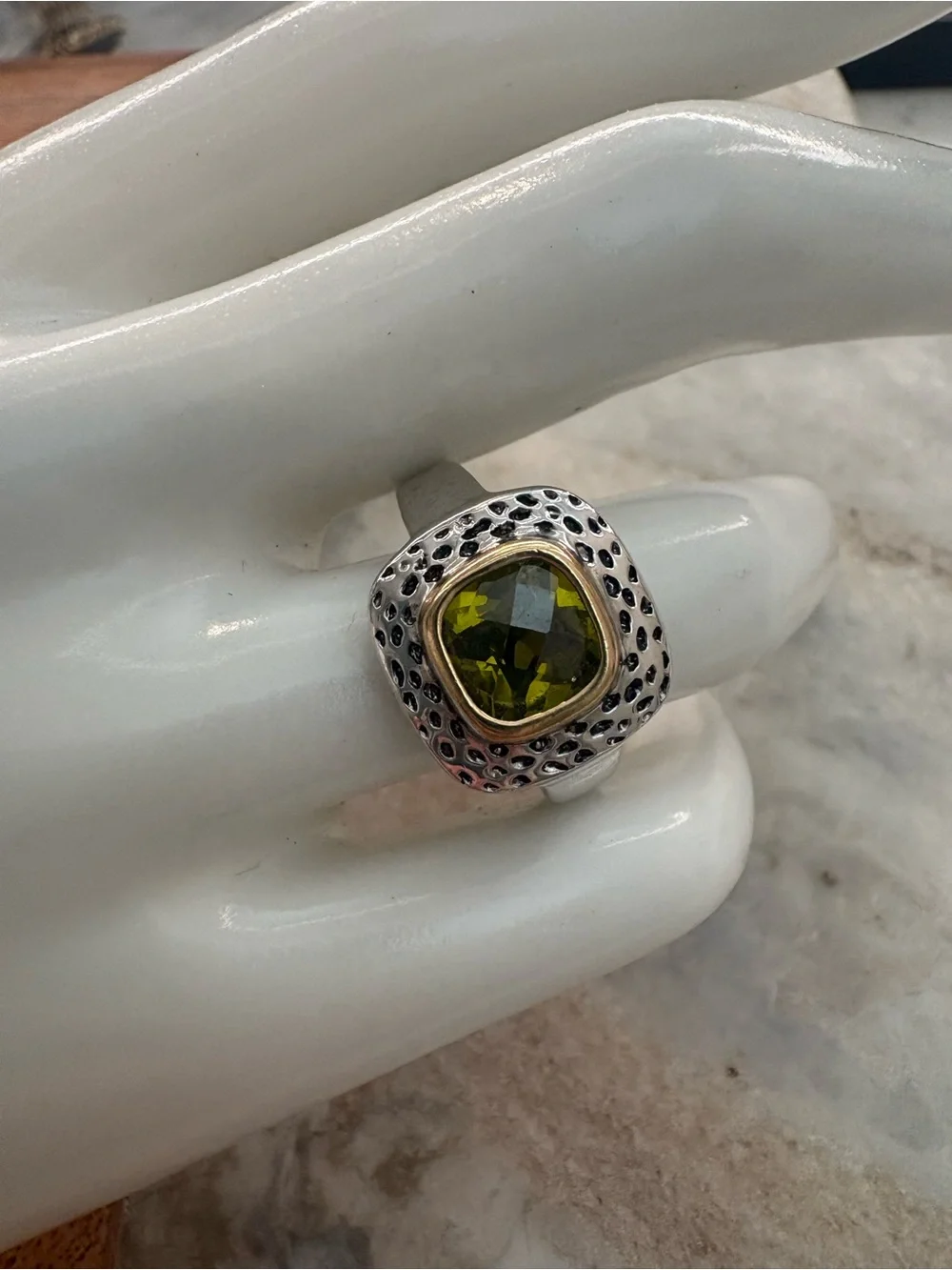 Vintage Gold Plated Ring with Olive Green Gemstone - Size 9